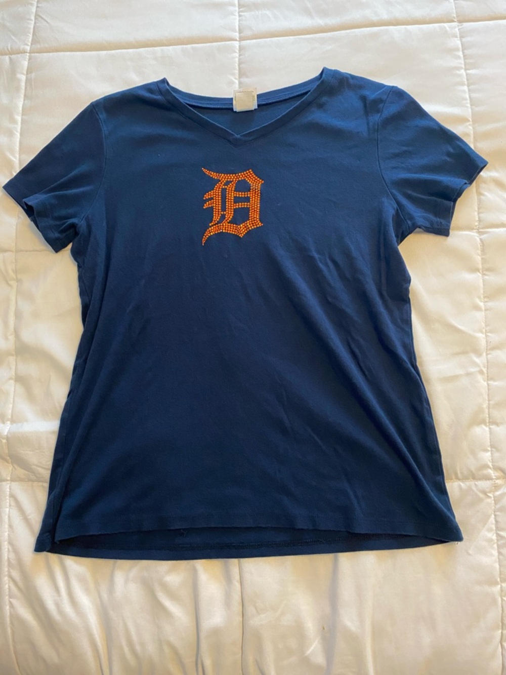 100% cotton Detroit Tigers Navy V-Neck Tee with Orange Rhinestone 'D'